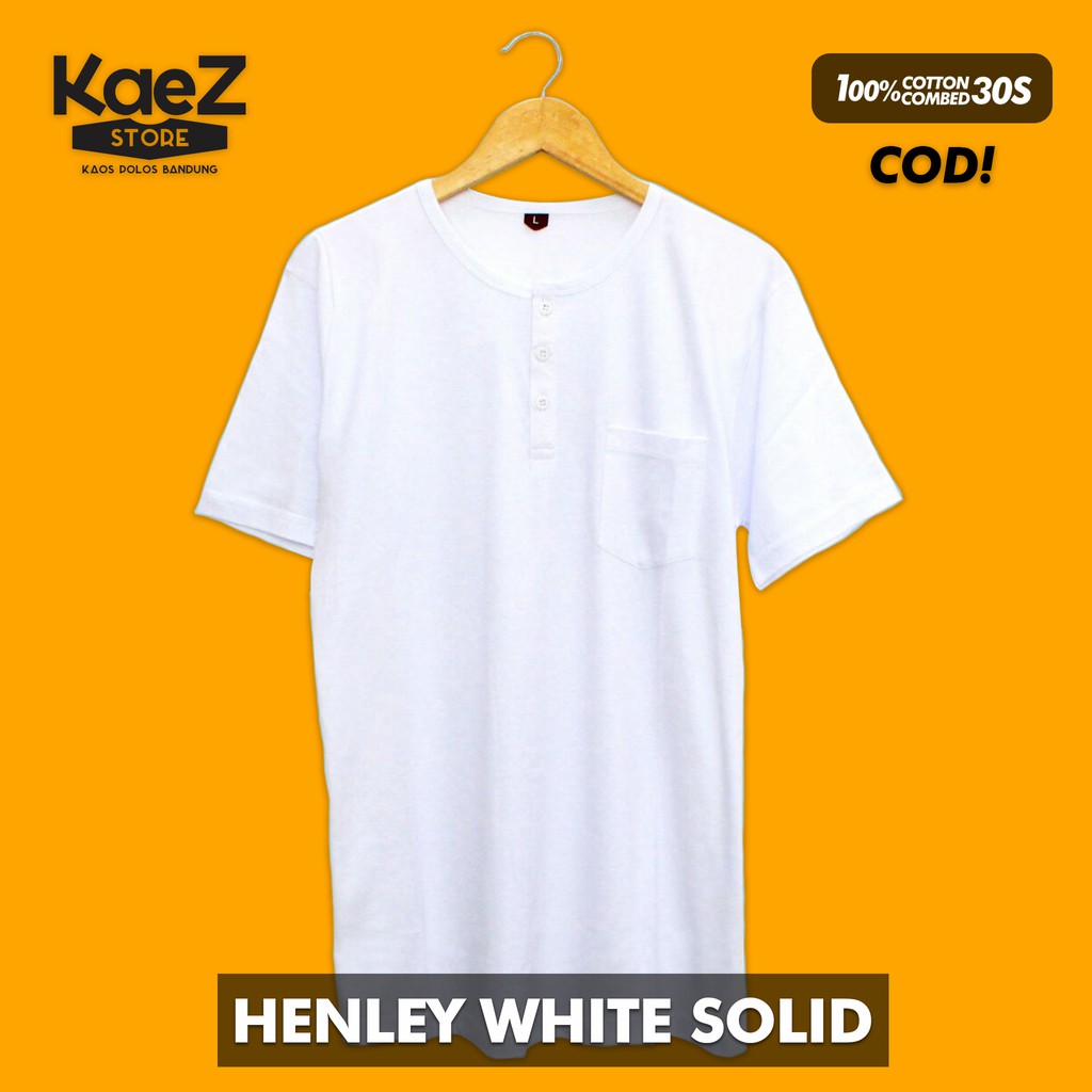 Baju Kaos Polos Tangan Pendek Saku Kancing Henley White 