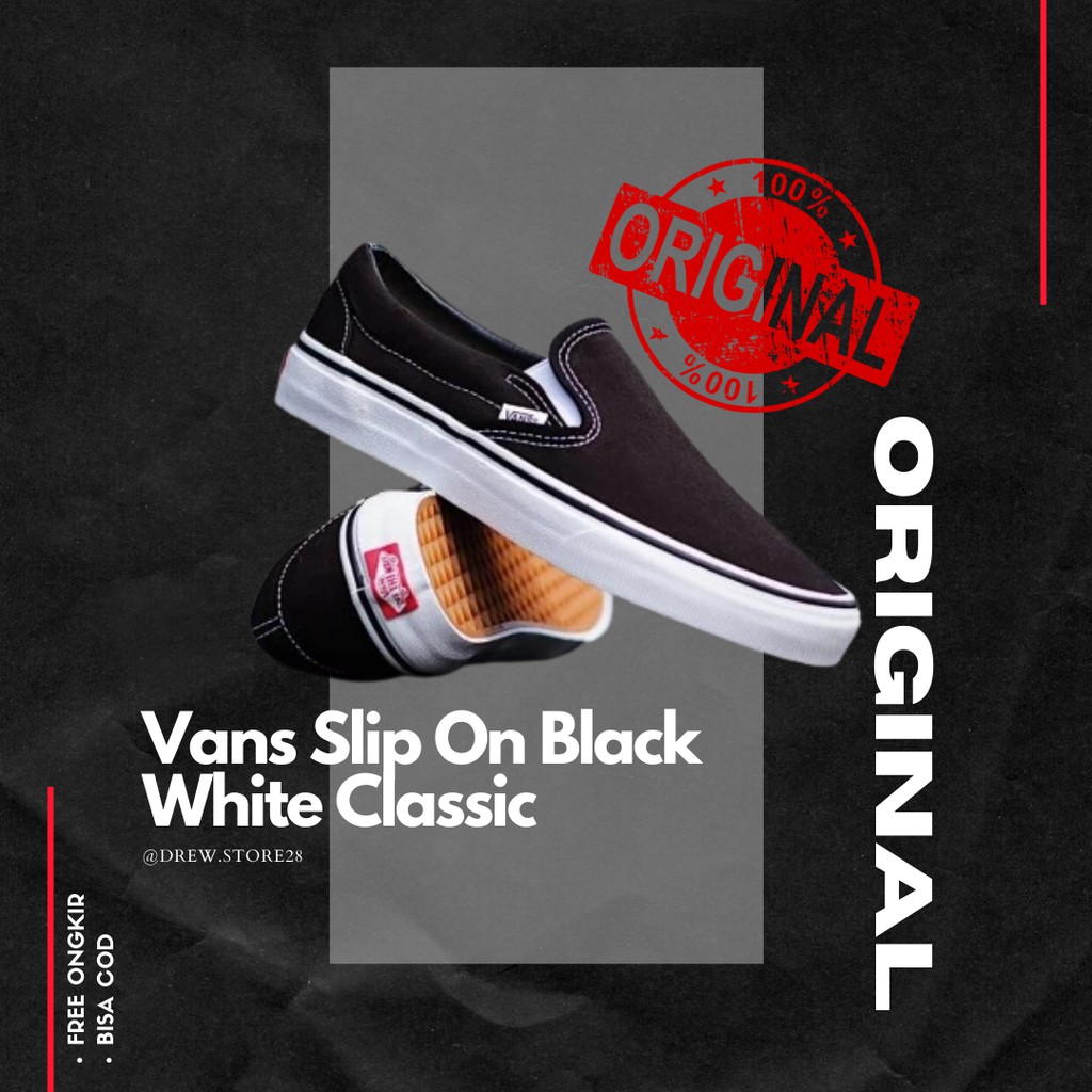 Vans Slip On Black White Classic Original Sepatu Vans Slip On Black Tanpa Tali Original 100%