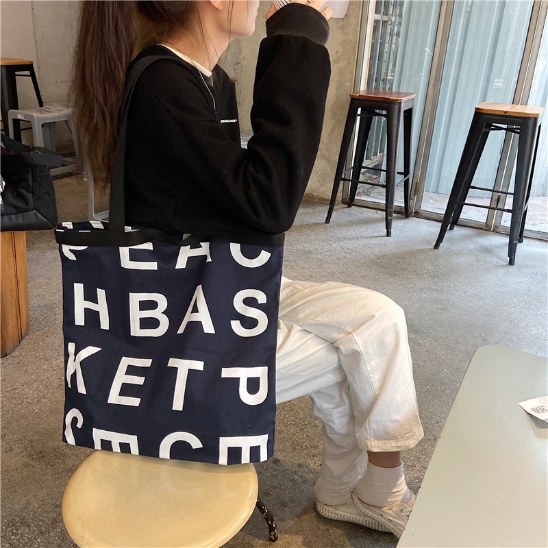 TC-130 tas canvas bahu besar shoulder bag kotak motif huruf tulisan high quality import korea jepang