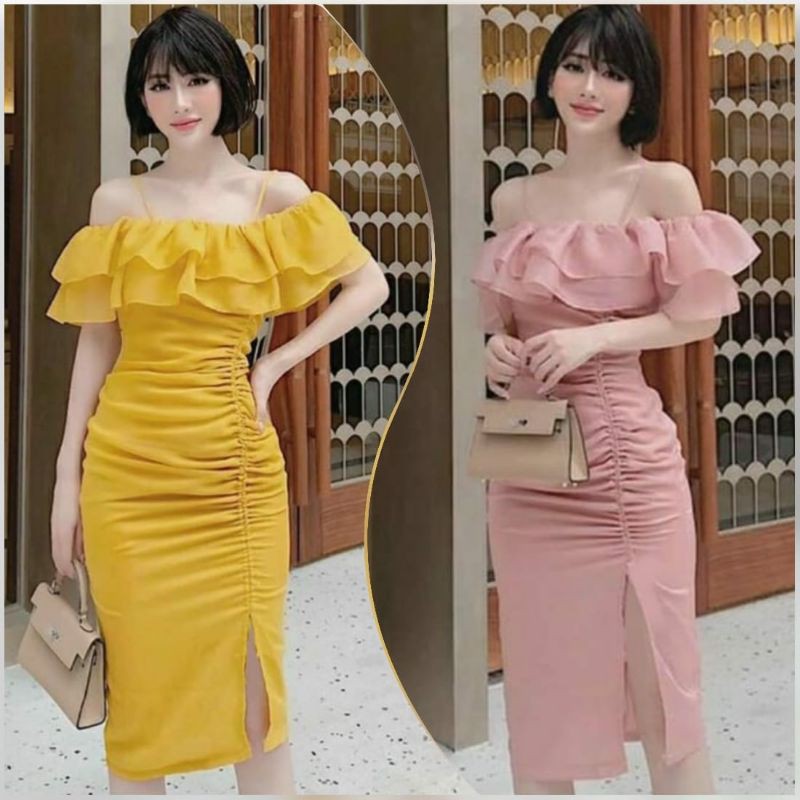 DRESS PESTA WANITA SABRINA KERUT BAHAN SCUBA IMPORT PREMIUM 2065 ECL