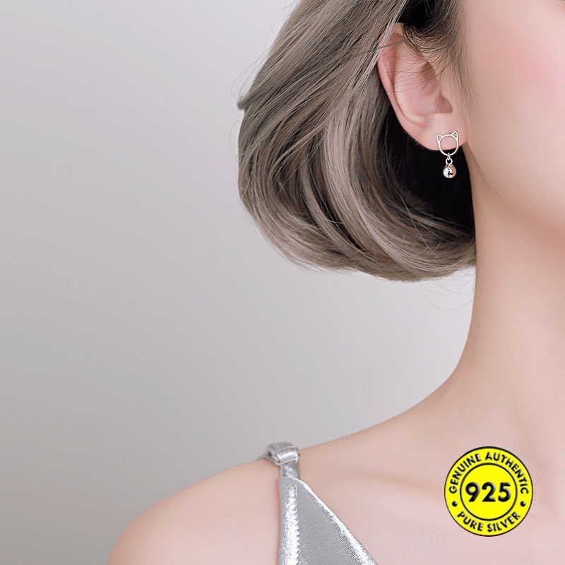 Anting Tusuk Motif Kucing Hollow Bahan Sterling Silver 925 Untuk Wanita