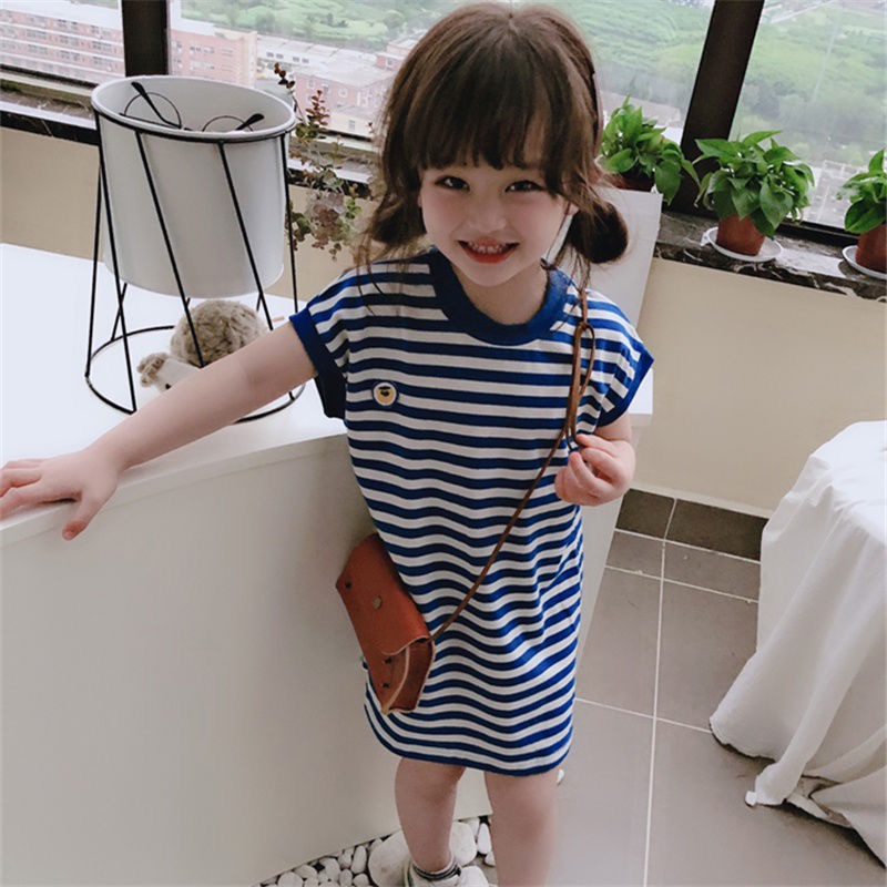 Dress T-shirt Anak Perempuan Tanpa Lengan Motif Strip Biru Import