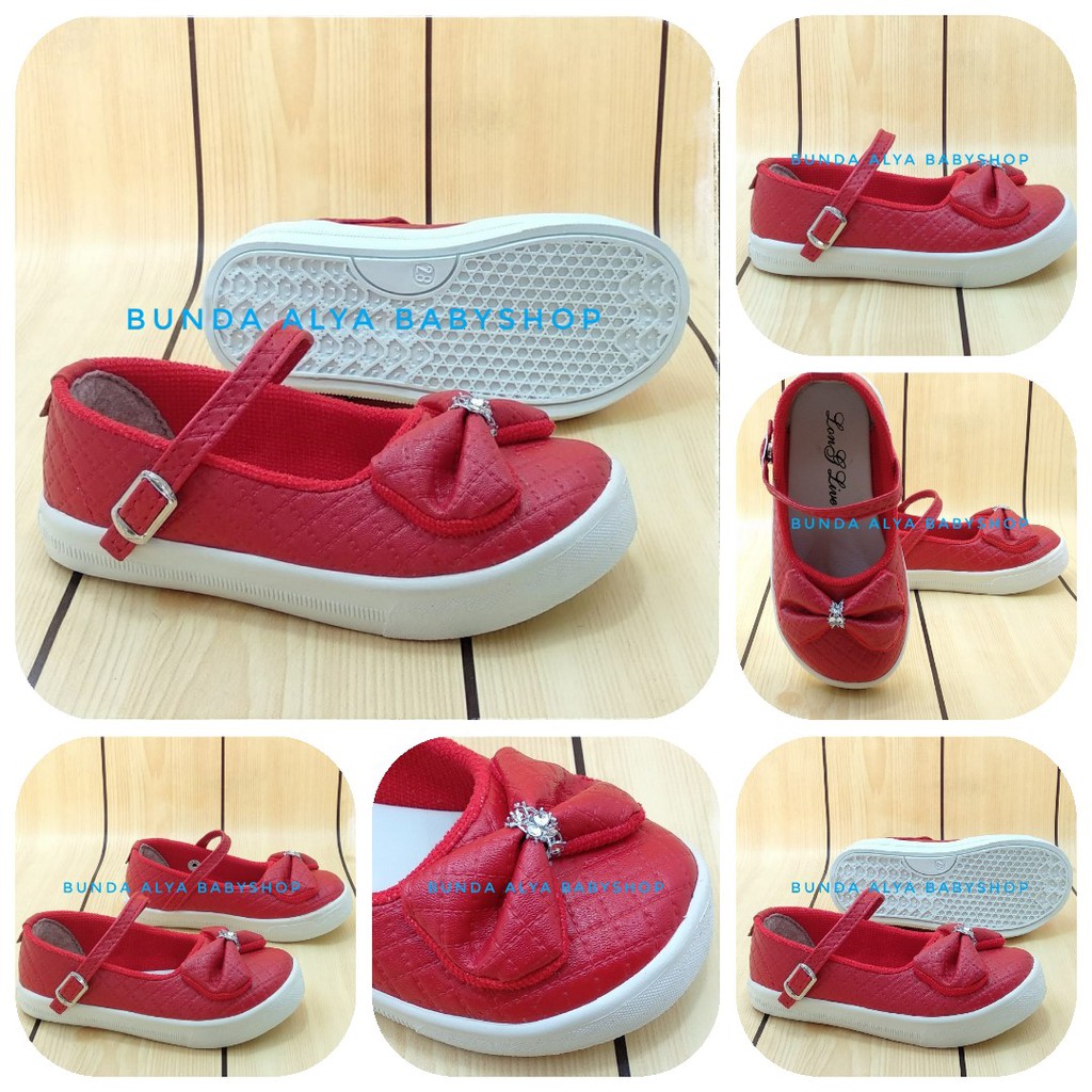 Sepatu Anak Perempuan Umur 3 4 Tahun Pita MERAH - Sepatu Anak Cewek Casual Nyaman Alas Karet Anti Licin Size 29 - 30