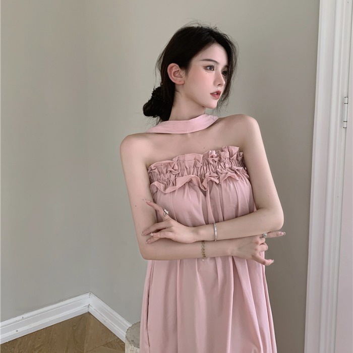 gaun gaya korea halter neck one-shoulder tube top jahitan gaun tepi jamur kecil pink mid-length skir