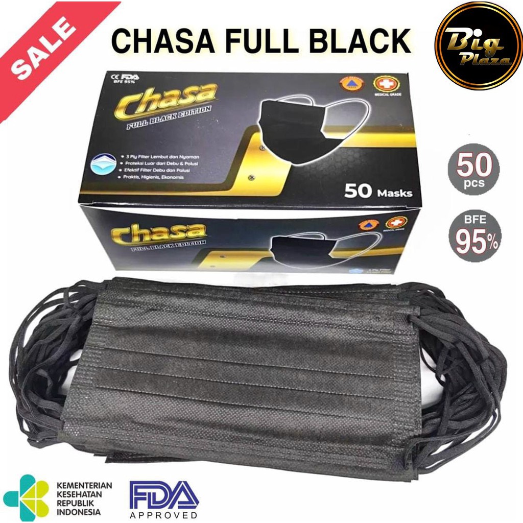 Chasa Black Earloop Masker Hitam 3ply Earloop isi 50 Pcs Chasa Black Edition Full Hitam - Big Plaza