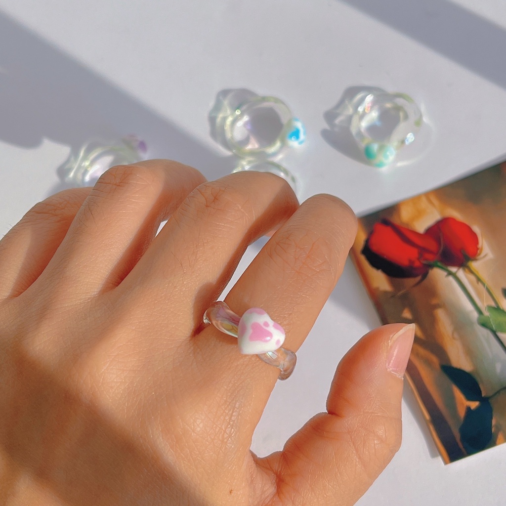 Cincin Resin Bening Motif Print Hati Gaya Korea Untuk Wanita