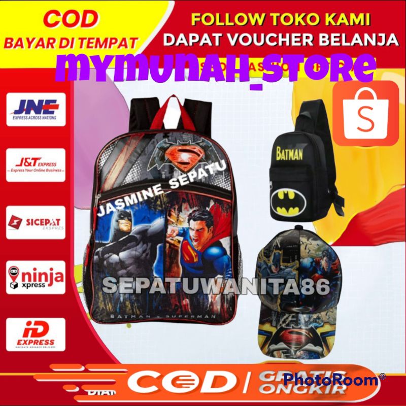 TAS RANSEL ANAK LAKI LAKI KARAKTER BATMAN SUPERMAN bonus jam tangan dan topi