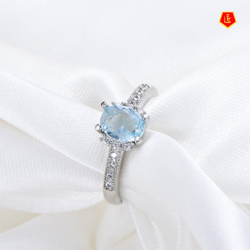 [Ready Stock]Micro-Inlaid Blue Gemstone Ring Simple Fashion
