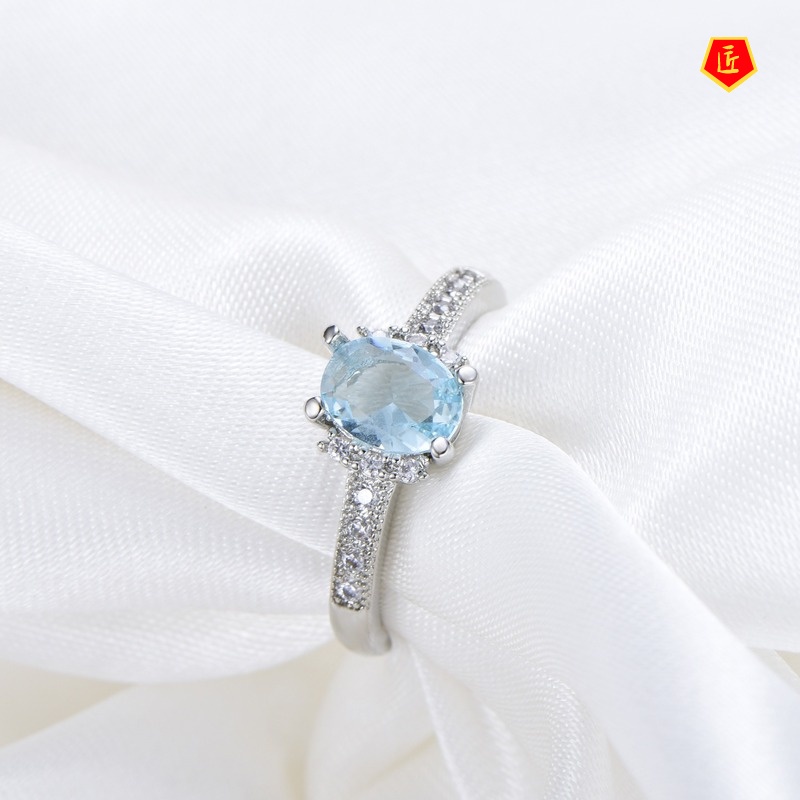 [Ready Stock]Micro-Inlaid Blue Gemstone Ring Simple Fashion