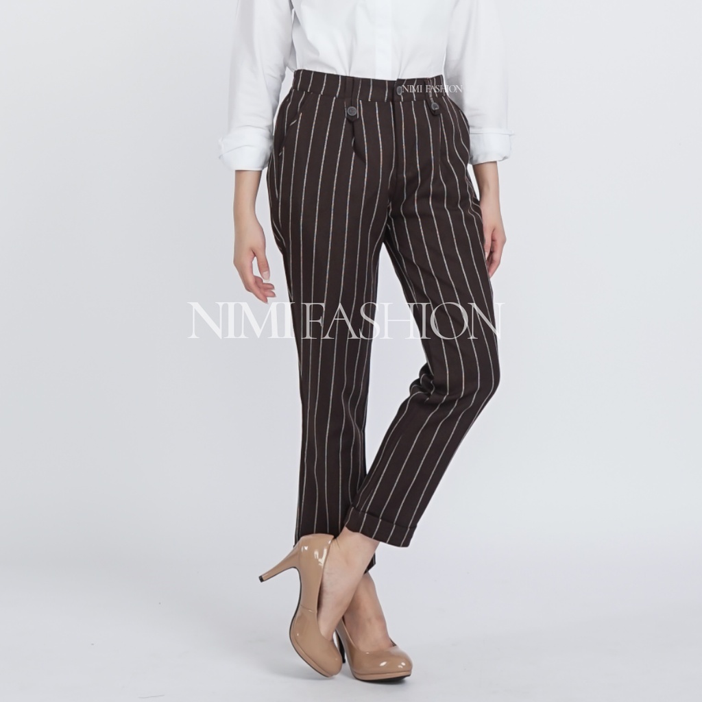 NIMI - Celana Salur Wanita Celana Baggy Motif Garis Celana Bahan Kerja Wanita Pinggang Karet