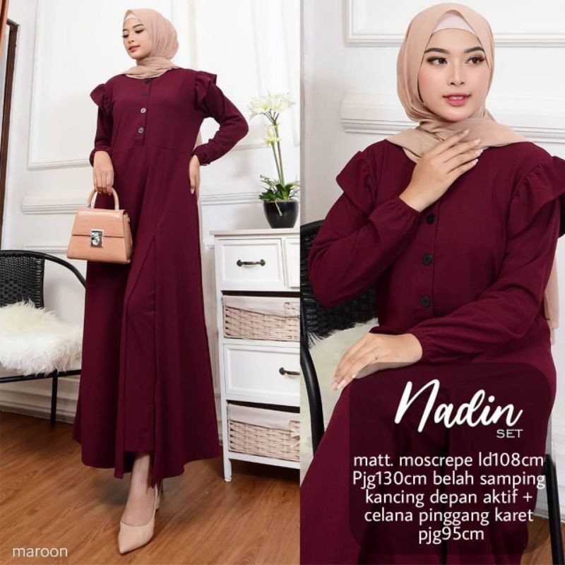 baju setelan long tunik muslimah polos terbaru 2021 set nadin kekinian modern