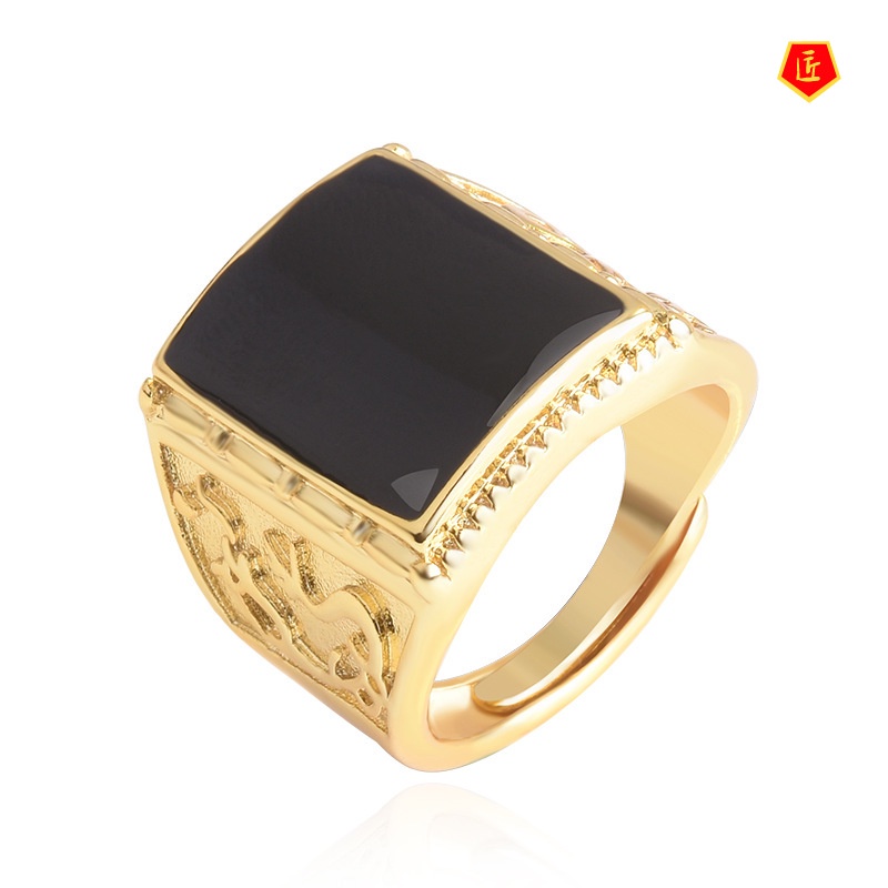 [Ready Stock]Black Agate Dragon and Phoenix Gold Ring Men's Personality