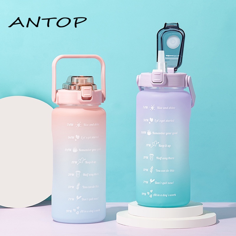 Botol Air Minum Kapasitas Besar 2l Gradien Warna Dengan Skala Pengingat Waktu Untuk Jerami Cangkir Air Olahraga Besar Portabel Fitness Outdoor