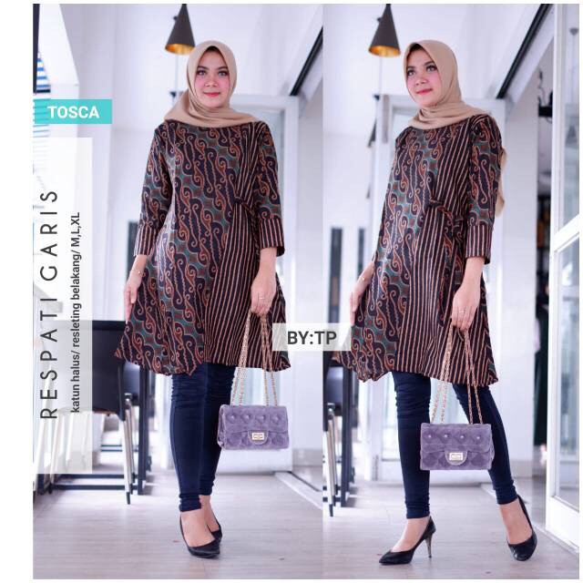 Tunik Respati Garis Layer Kombinasi Batik Sogan Modern Midi Casual Kerja Seragam Kantor Sogan Cantik