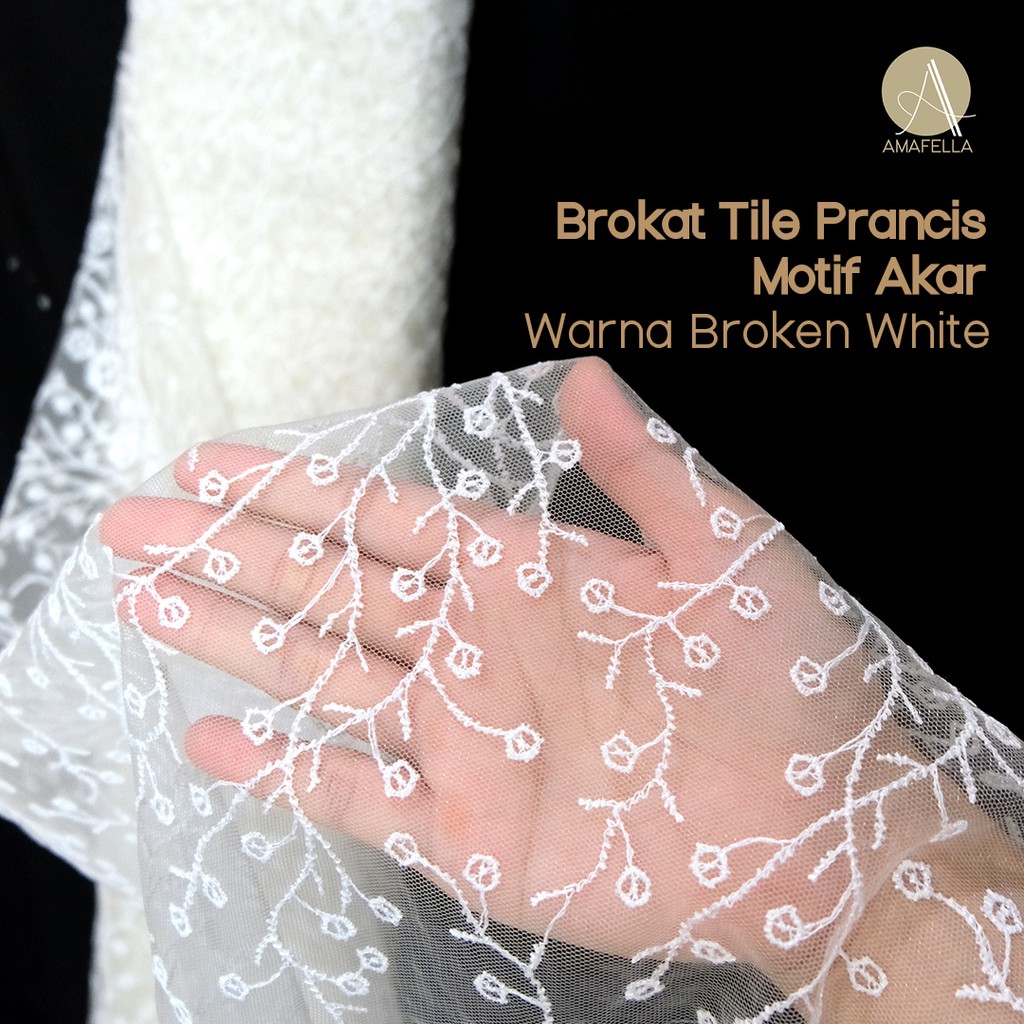 1/2 meter Kain Brokat Tile Prancis Bahan Kebaya Motif Akar Broken White