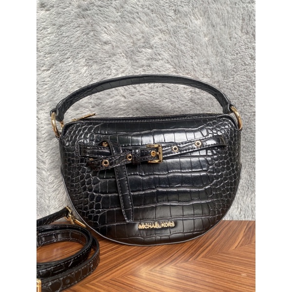tas MK/ Michael Kors Emilia medium crocodile embossed shoulder bag - black