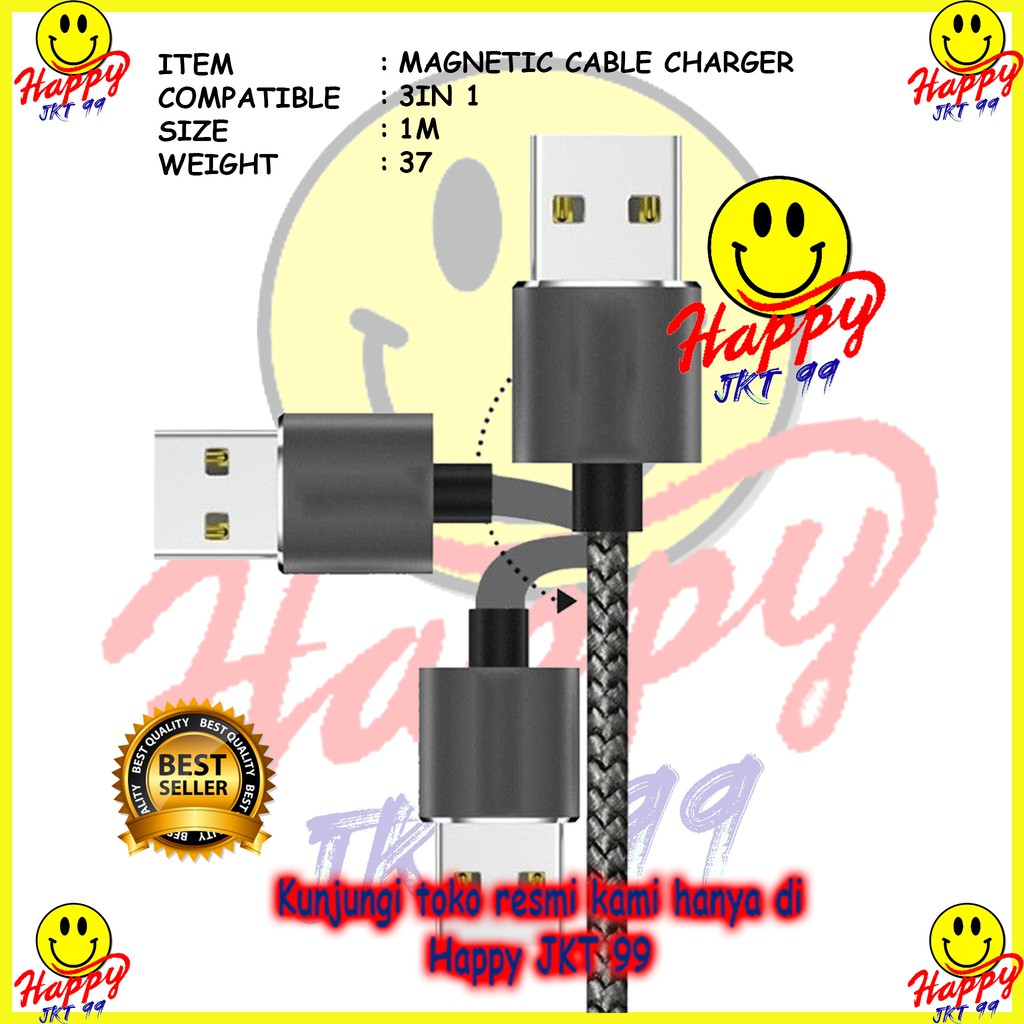 [ HAPPY JKT 99 ] KABEL DATA CHARGER MAGNETIC 3 CONNECTOR 3IN1 LED FAST CHARGE