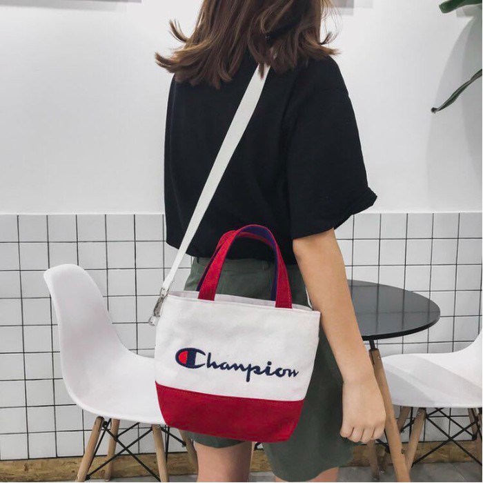 Tas Champion / Tas Selempang/ Wanita Kanvas Handbag Import / - Putih merah -hitam merah