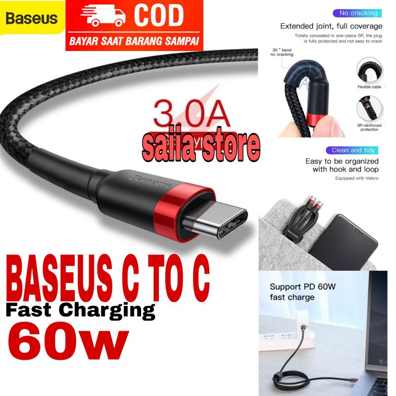 Baseus Kabel C TO C 60W Qualcoom Fast Charging Original 3.0 Kabel Fast Charging Baseus
