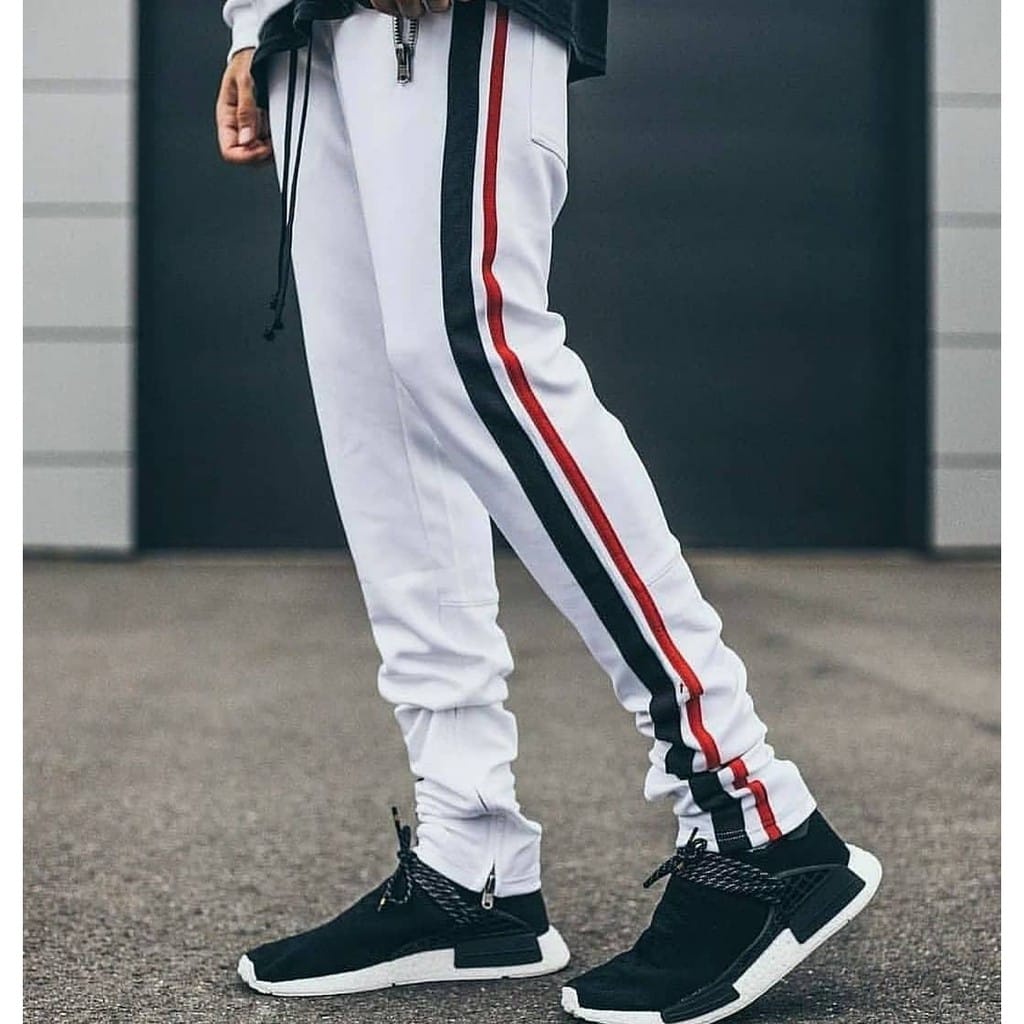 CELANA JOGGER PANTS HYPEBEAST STREETWEAR WHITE ZIPPER DOUBLE LIST BLACK RED WHITE