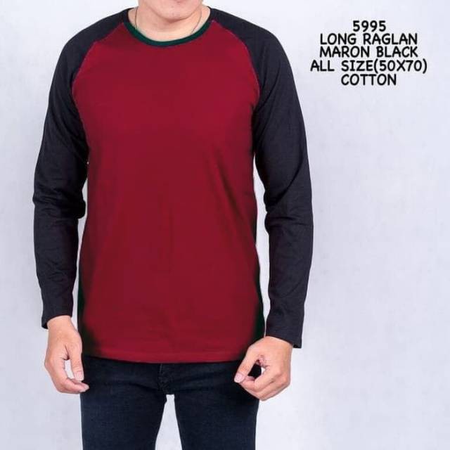 kaos panjang cowok polos MERAH LIST HITAM tshirt baju fashion pria raglan 5995