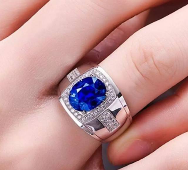 Cincin Pria Akik Safir Biru Ring Warna Perak Batu Blue Sapphire Cubic Zirconia