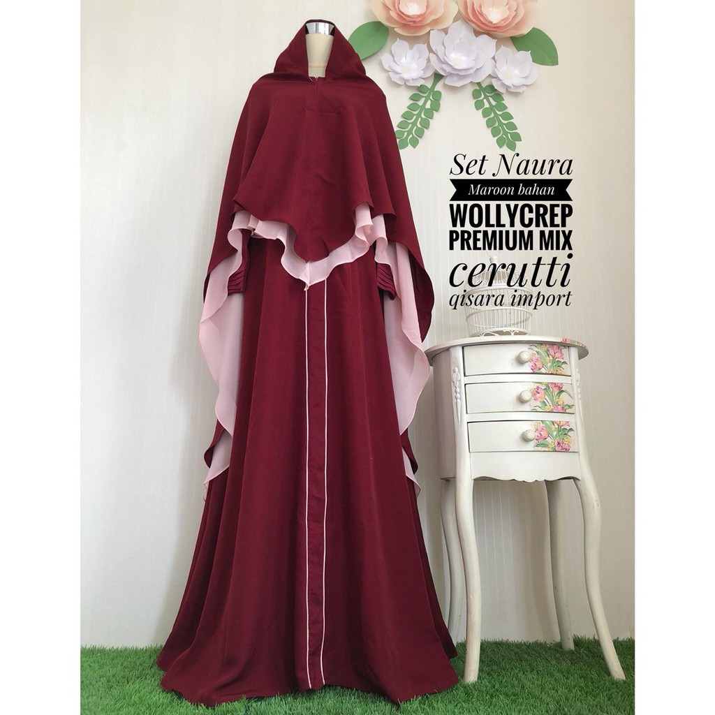 GAMIS SYARI NAURA MAROON SET HIJAB 2 LAYER COMBI WOLICREP MIX CERUTY PREMIUM IMPORT PANJANG 145 CM