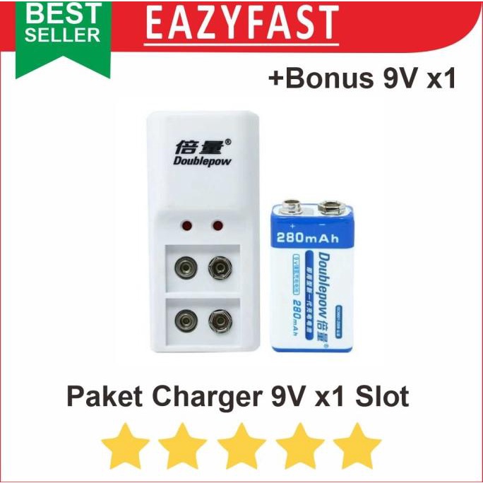 Paket Baterai Kotak 9V 9 Volt Rechargeable + Charger 2 Slot Batre Cas efst90 Berkualitas