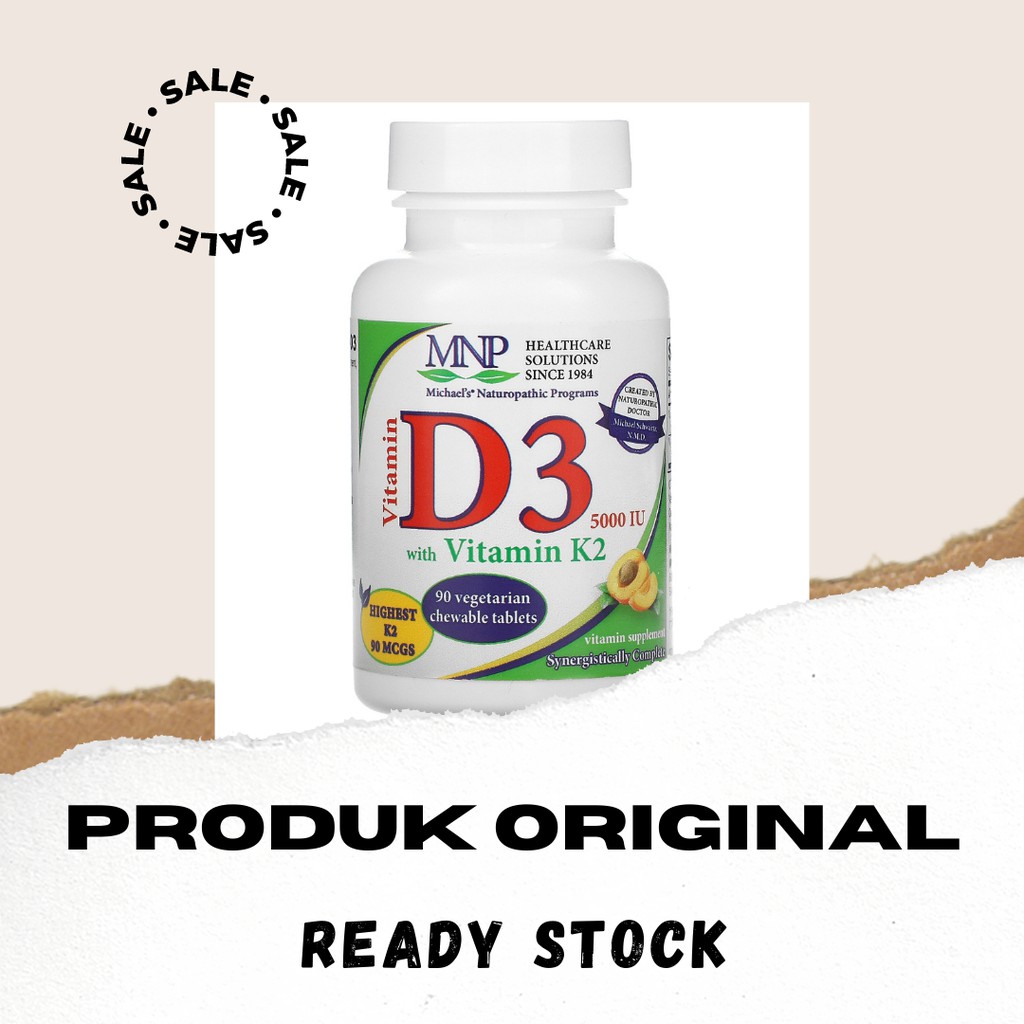 Vitamin D3 dengan Vitamin K2, Apricot, 5,000 IU, 90 Vegetarian Chewable Tablets MNP asli original