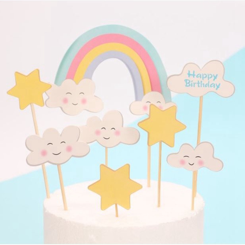 【COD Tangding】7pcs / set Kartu Dekorasi Kue Ulang Tahun DIY Bentuk Bunga / Bintang / Smile / Awan / Pelangi