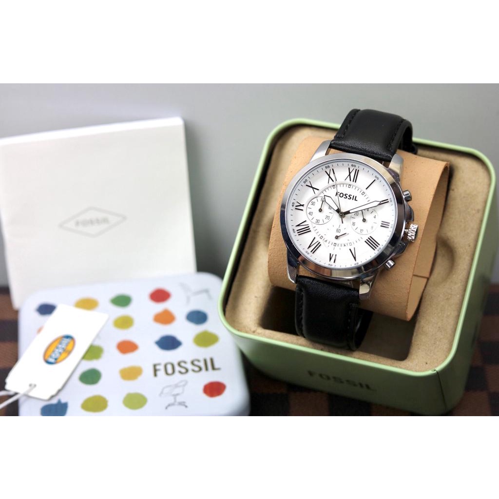 JAM TANGAN PRIA F-OSSlL KULIT BODY SILVER CHRONO AKTIF + BOX KALENG - DIAMETER 4,3 CM