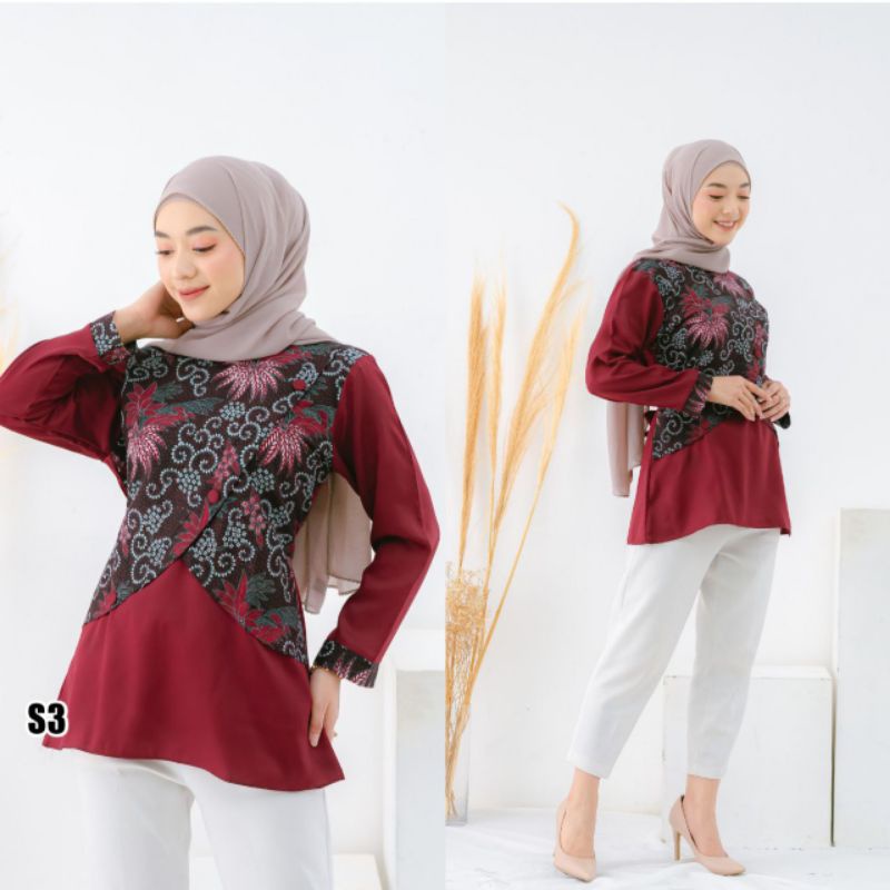 tey-17 Batik wanita ASJ SA HRB026 Kenongo Kemeja Tosca Pendek-Naura abang