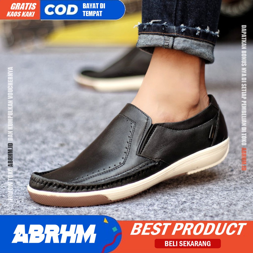 ABRHM x SANVER Sepatu Slip On Casual Kulit Asli Original Slop Anti Slip Kasual Formal Pantofel Kerja Kantor Kuliah Keren Kekinian Gaya Pria Cowok / Cowo