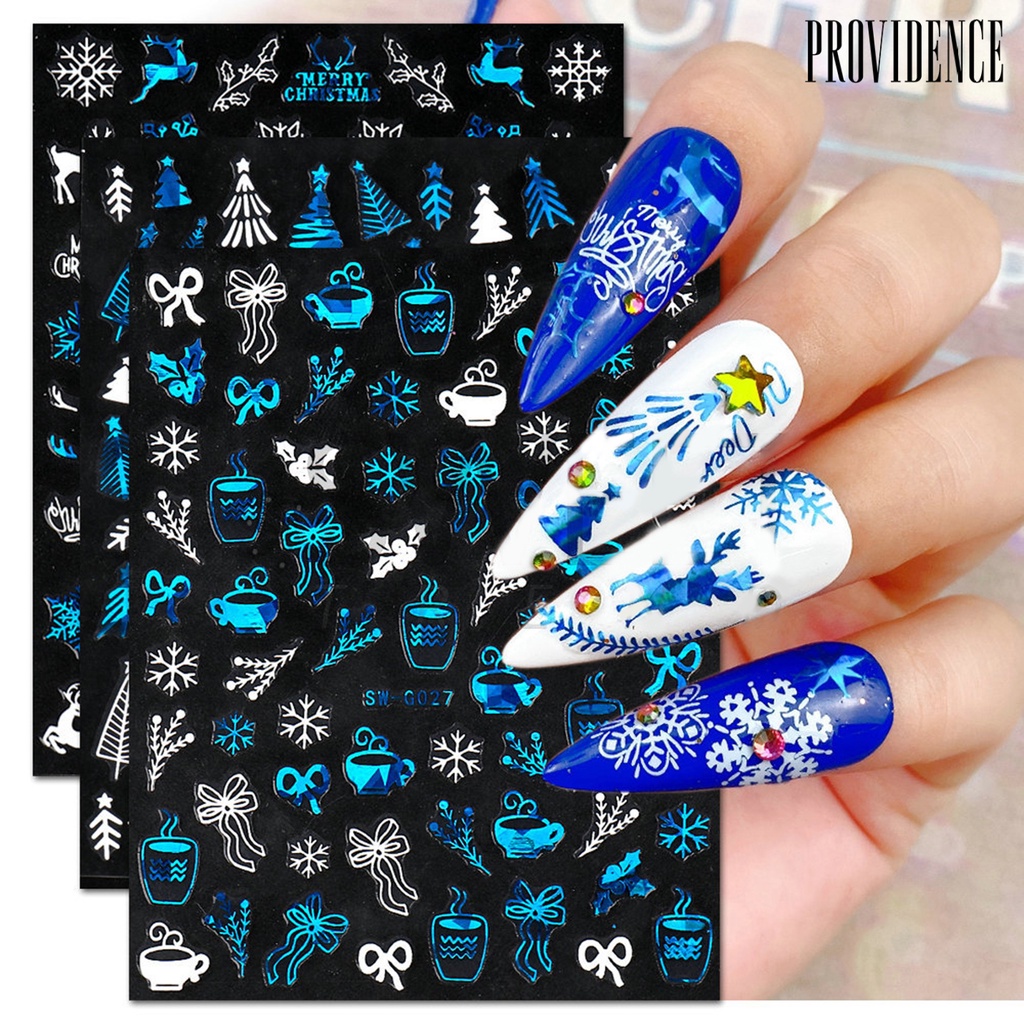 Providence Stiker Kuku Motif Snowflake / Pohon Natal Bahan PVC Anti Air Untuk Dekorasi Nail Art / Manicure DIY