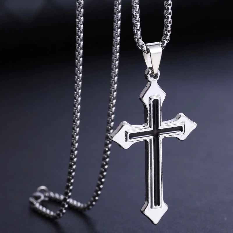 Kalung Rantai Liontin Salib Yesus Bahan Titanium Steel Alloy Warna Silver Untuk Pria Dan Wanita