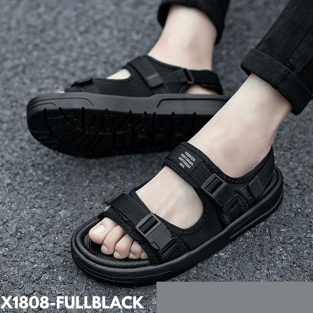 SANDAL MODEL GUNUNG STRAPPY BLACK STYLE BAHAN RUBBER KOMBI CANVAS IMPORT 1808