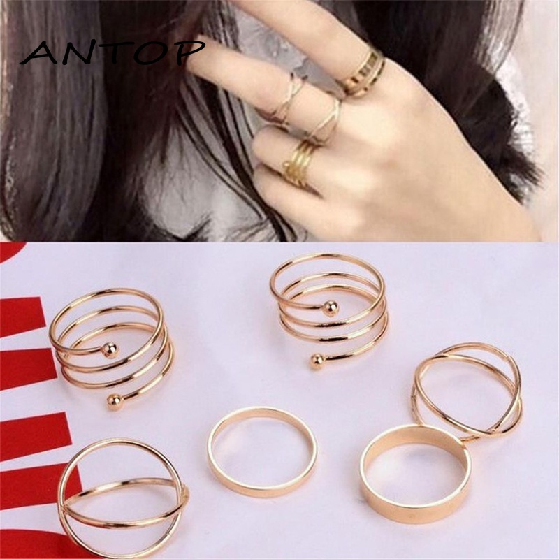 6Pcs Cincin Retro Bahan Stainless Steel Untuk Hadiah Aksesoris Fashion ANTOP