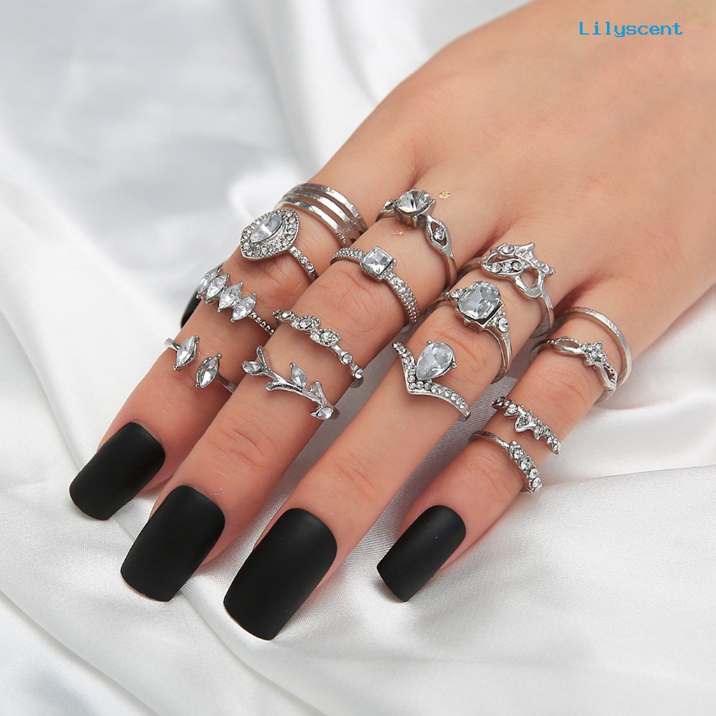 15pcs Cincin Jari Warna Silver Model Hollow Out Untuk Wanita