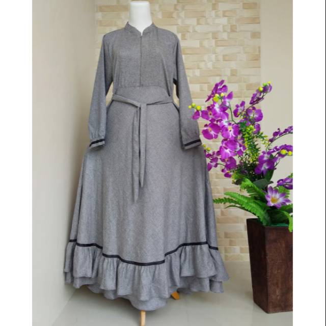 Dress Katun Madinah Abu Tua List Hitam Baju Guru Baju PNS Baju Kondangan