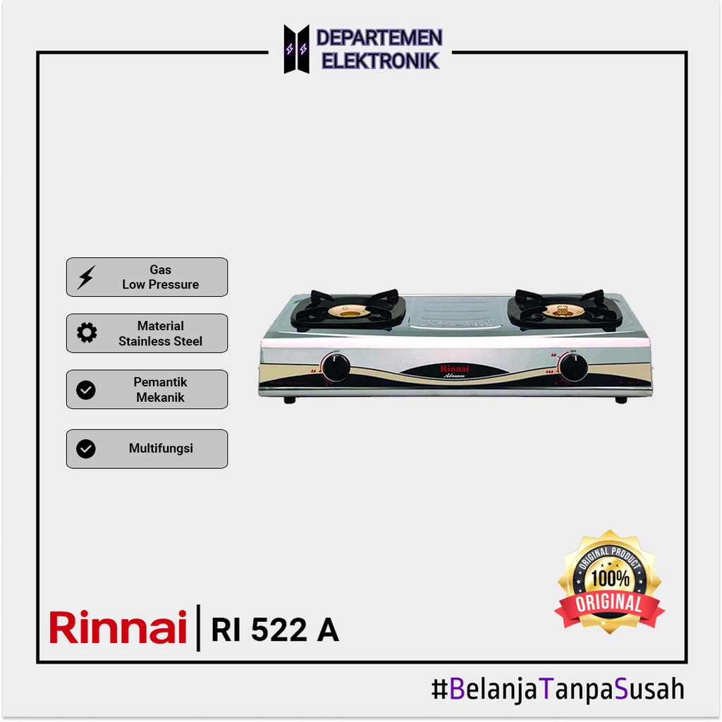Rinnai RI 522 A – Kompor Gas 2 Tungku MURAH BANGET / GARANSI RESMI