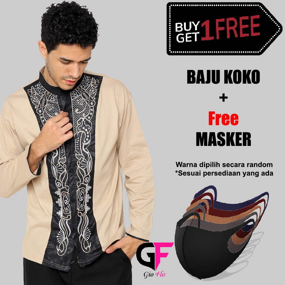 Baju Koko Pria Muslim Lengan Panjang Plus Free Masker