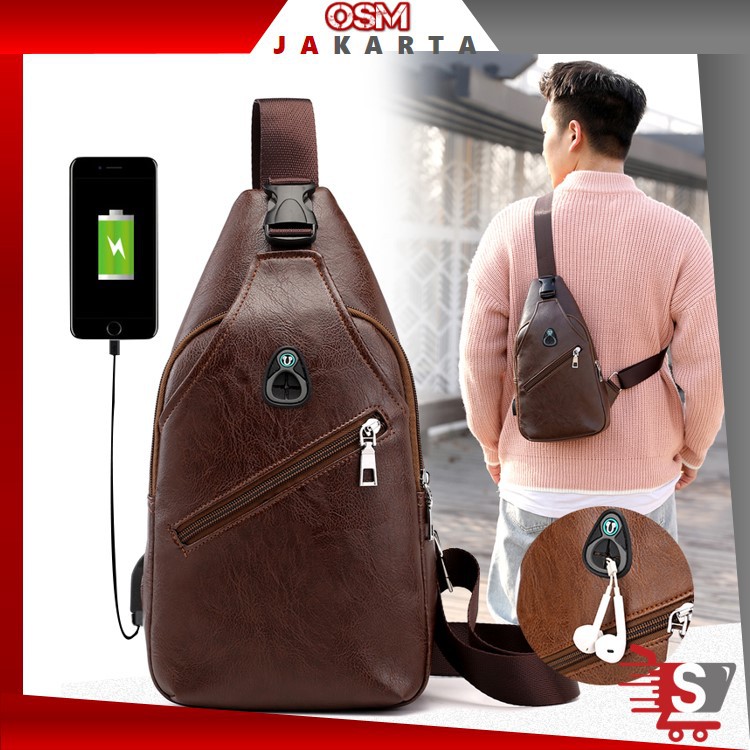 OSM JKT T274 Tas Selempang Pria Kulit / Tas Dada / Tas USB / Tas Import / Slingbag