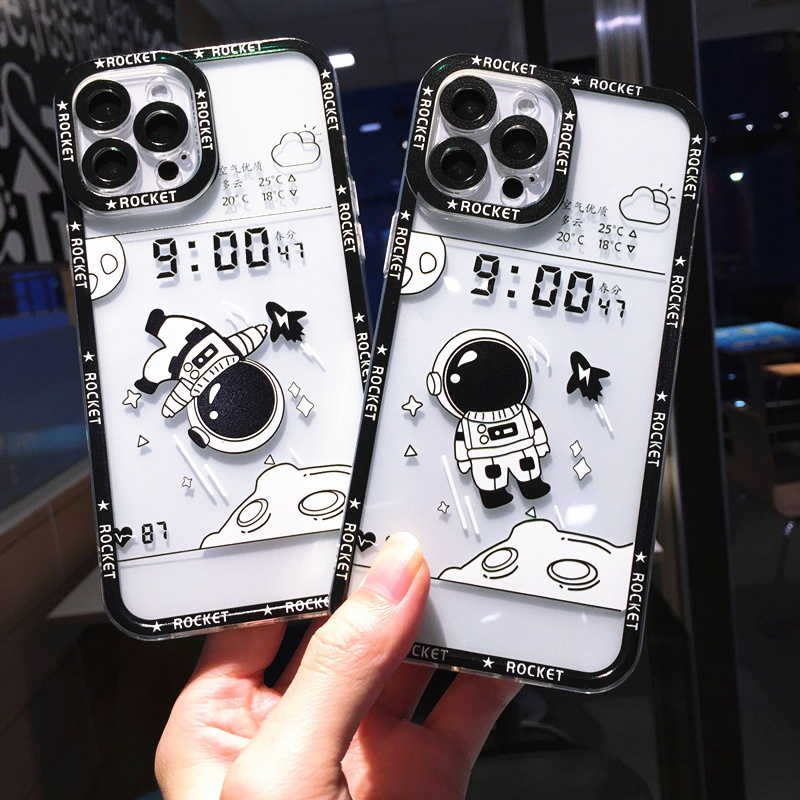 Case Bumper Belakang Transparan Motif Kartun Astronot Untuk iPhone 11 12 13 Pro Max XS X XR 7 8 Plus SE 2020