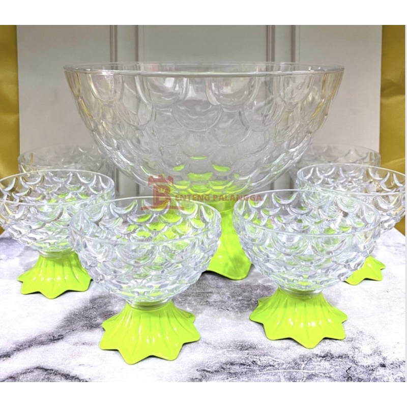 mangkok buah ikan MBMI 7060 + 6pcs gelas es buah GBMI 5036 hijau plastik cantik golden sunkist
