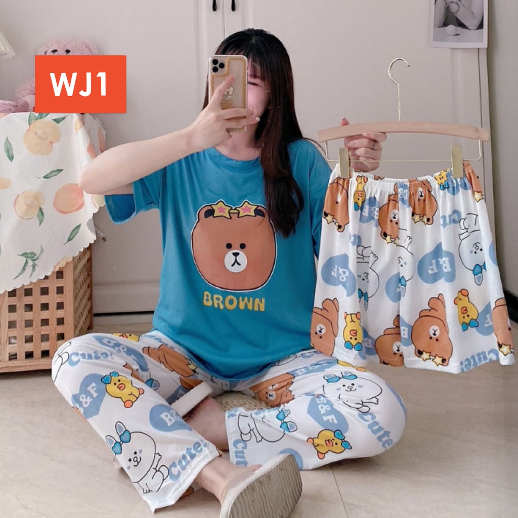 LAPAGO - Piyama Dewasa Wanita Perempuan Import Celana Pendek Celana Panjang - Baju Tidur Kartun Wanita Dewasa 2021-WJ1 - Brown Biru