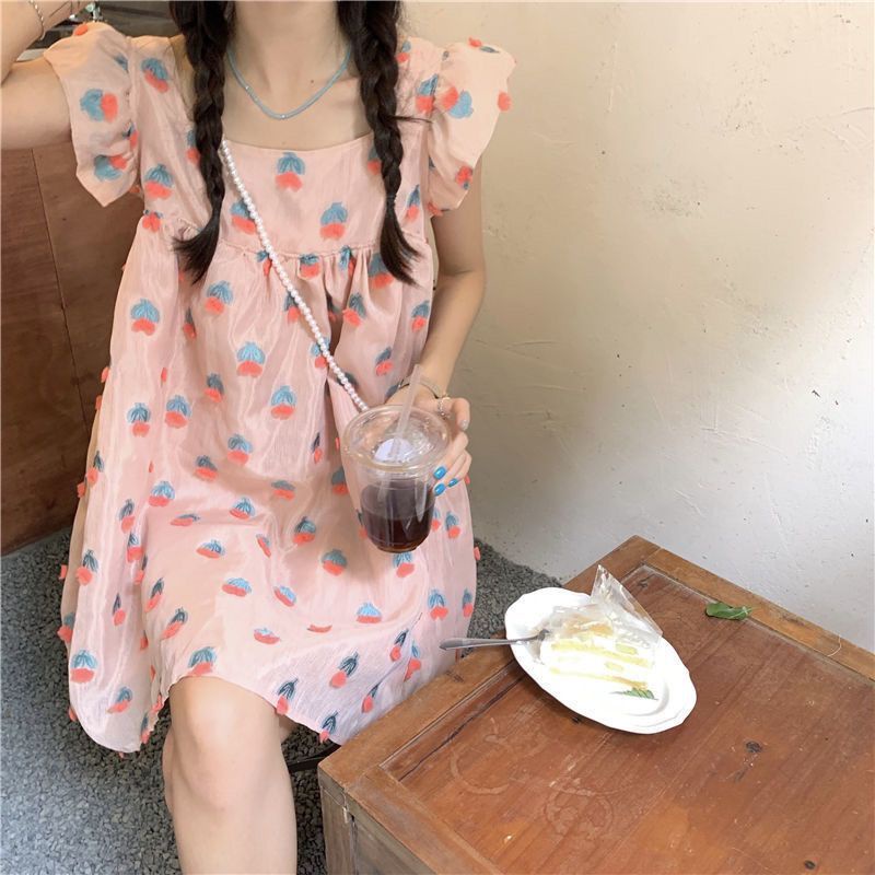 [MikanHiro Store] Dress Line A Cute Dress Peach Short Korean Style Summer Dress Gaun Lucu Remaja