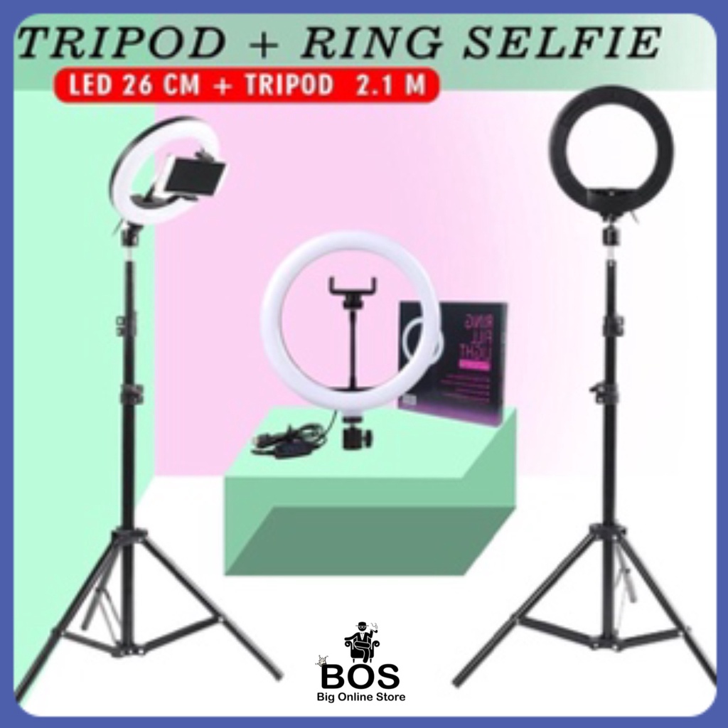 BOS - TRIPOD LIVE 2.1 METER PLUS SELFIE RING LIGHT LAMPU LED 26CM / 33CM | RINGLIGHT 45CM