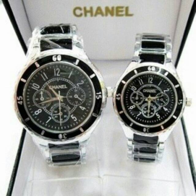 Jam Tangan Elegan Couple Chanel Semi Keramik Black List Silver Super Premium
