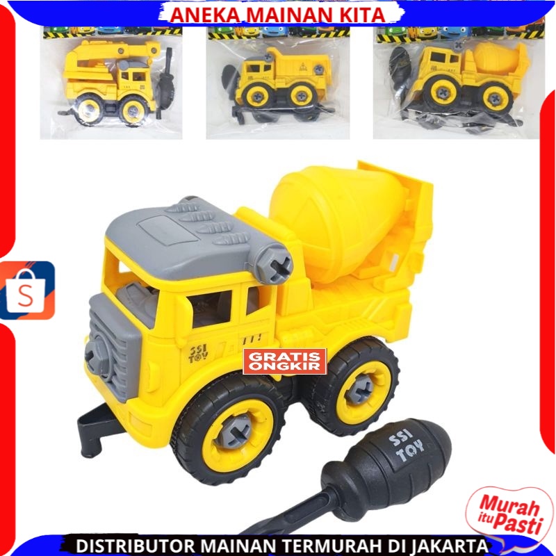 ( BISA COD ) PROMO Mainan Anak Mobil Truk Bongkar Pasang DIY Obeng Toy Car Mixer Truck 1 set Kemasan Kantong