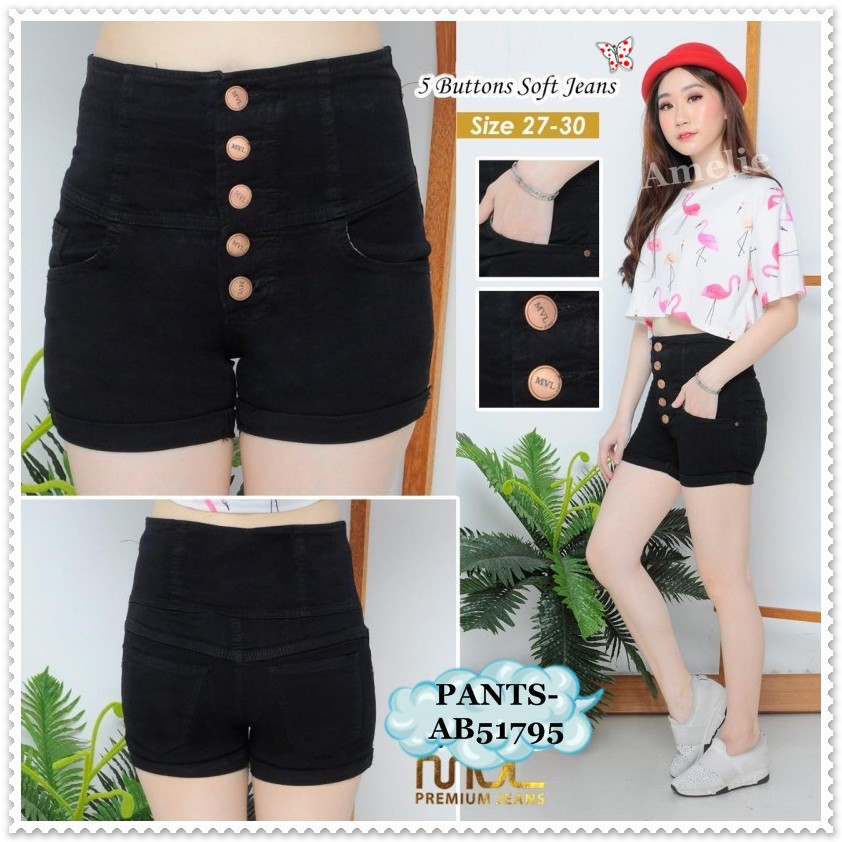 [baju wanita korea]  Celana Pendek High Waist Jeans Denim Wanita Import Hitam Putih